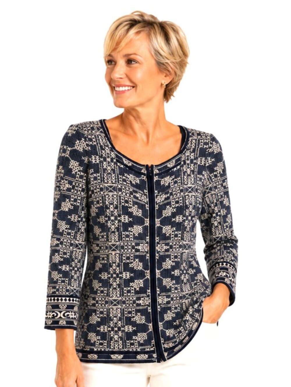 Peruvian Connection Black Tan Pima Cotton Zip Cardigan